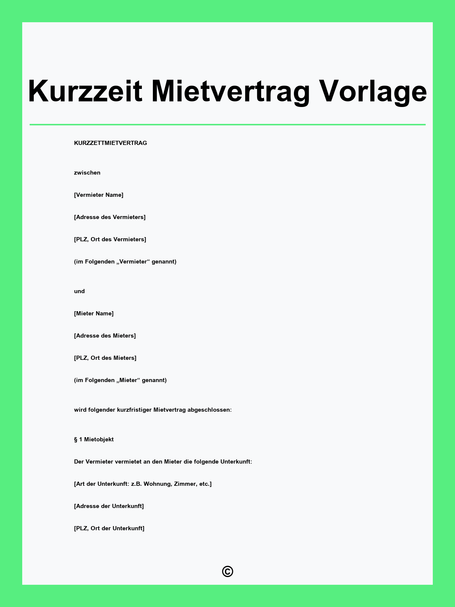 Kurzzeit Mietvertrag Vorlage