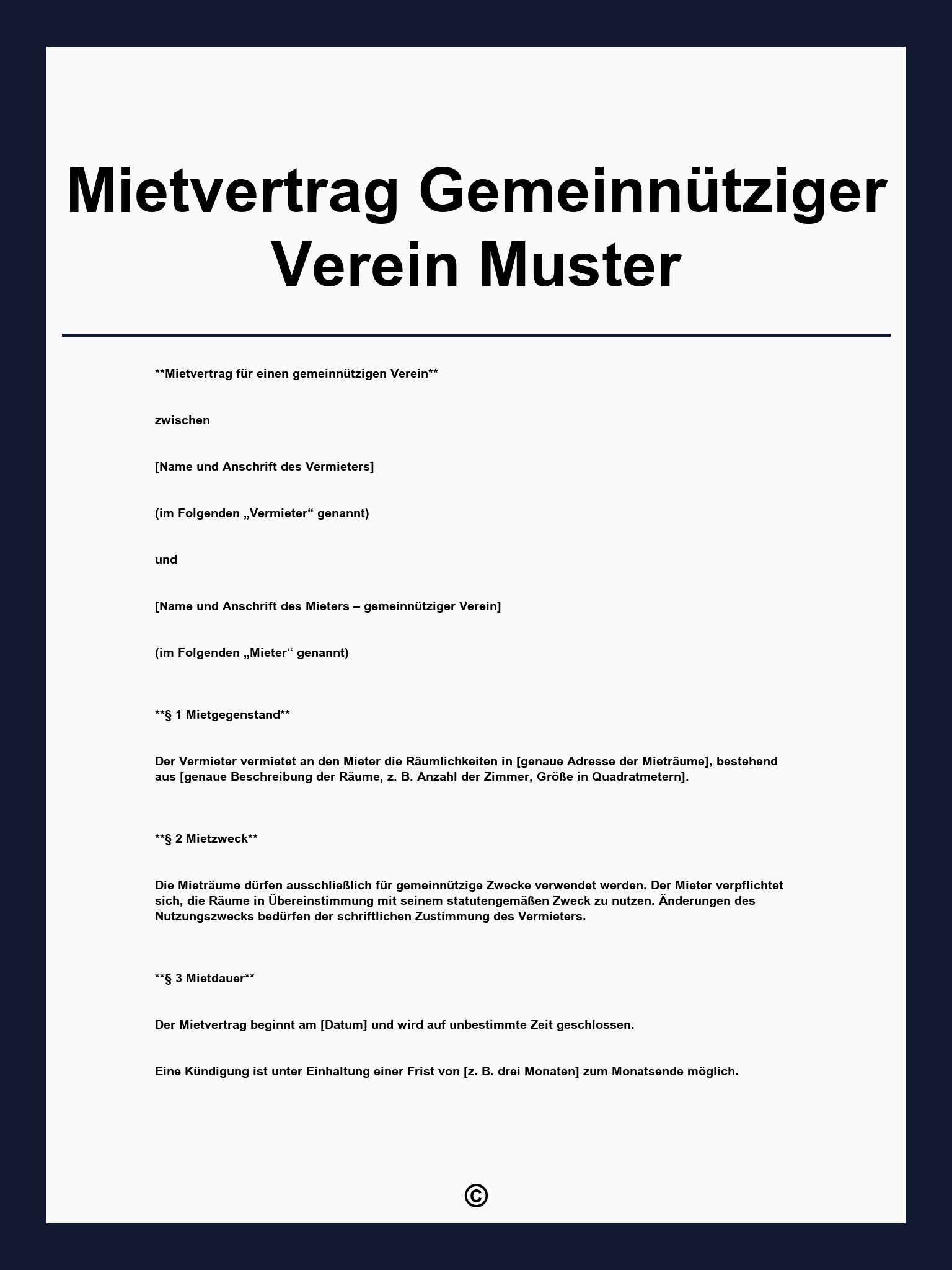 Mietvertrag Gemeinnütziger Verein Muster