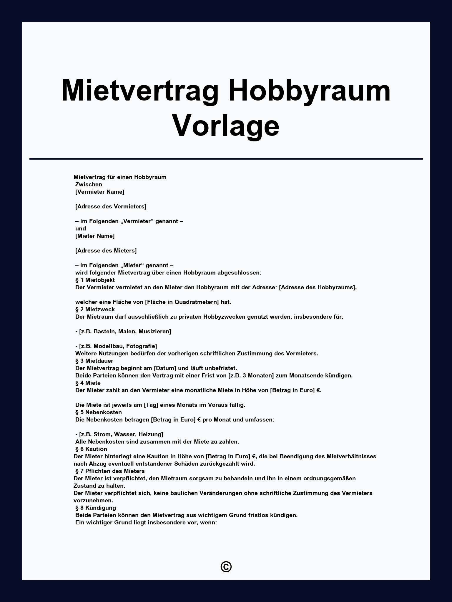 Mietvertrag Hobbyraum Vorlage