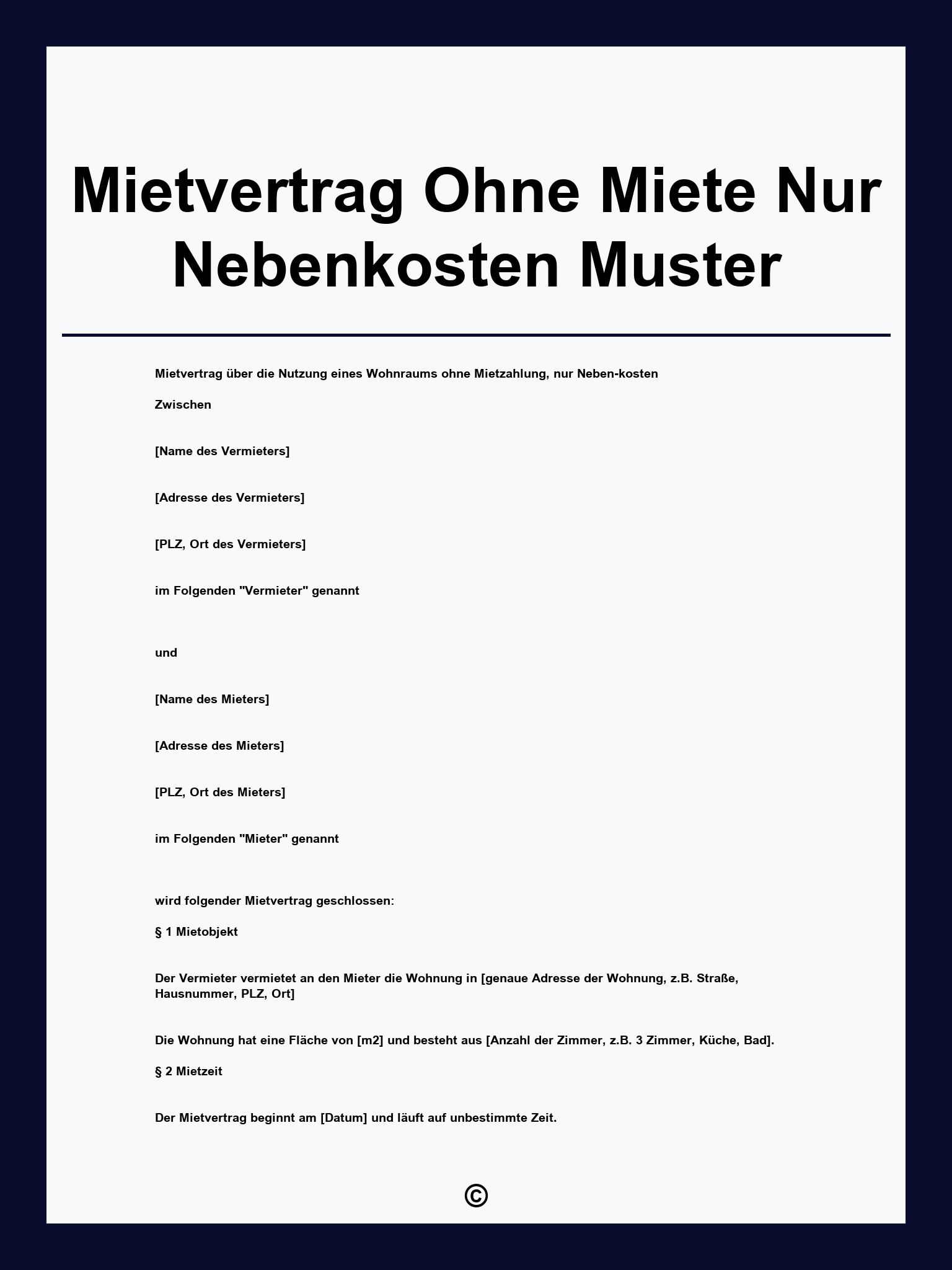 Mietvertrag Ohne Miete Nur Nebenkosten Muster