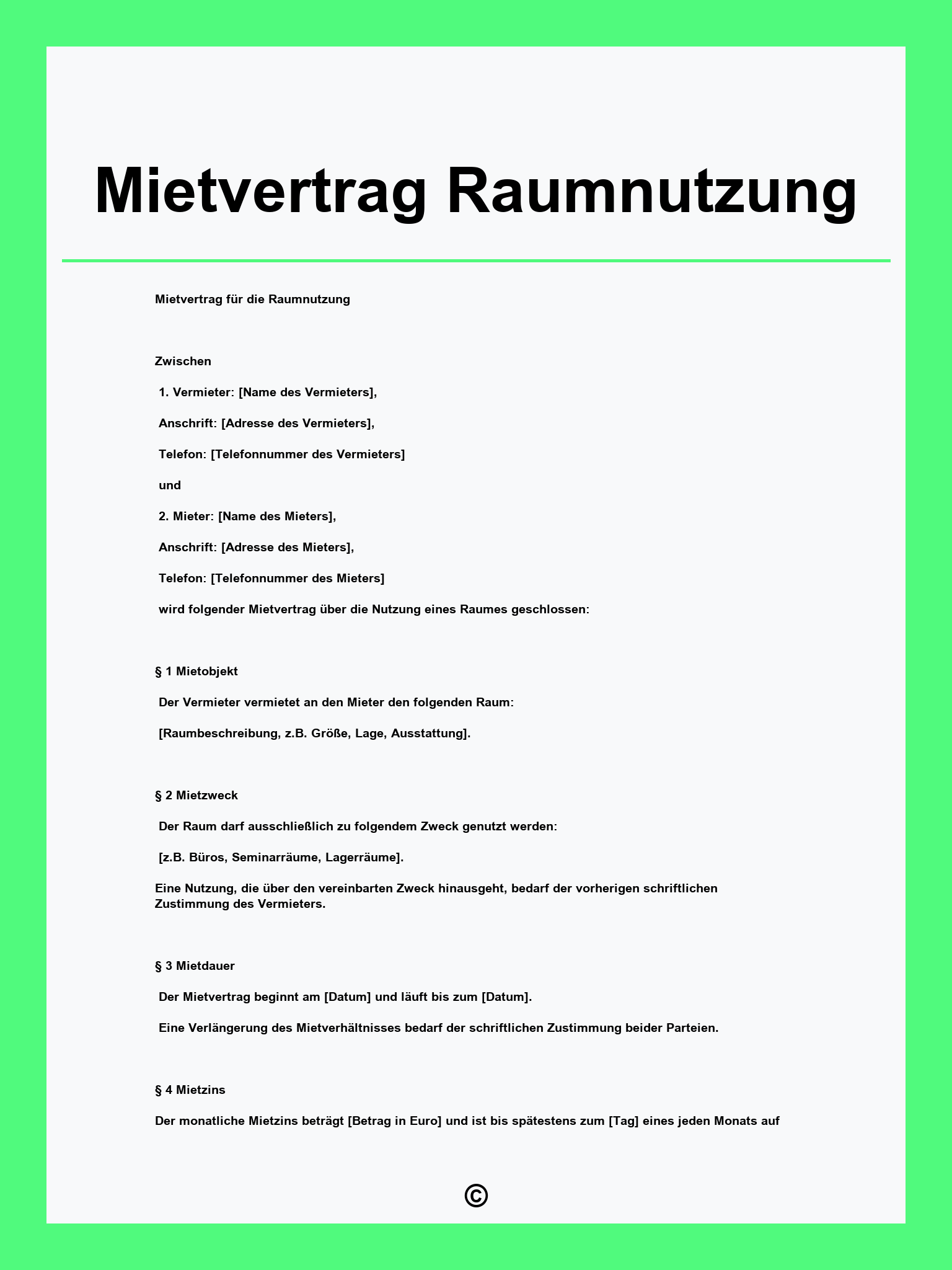 Mietvertrag Raumnutzung