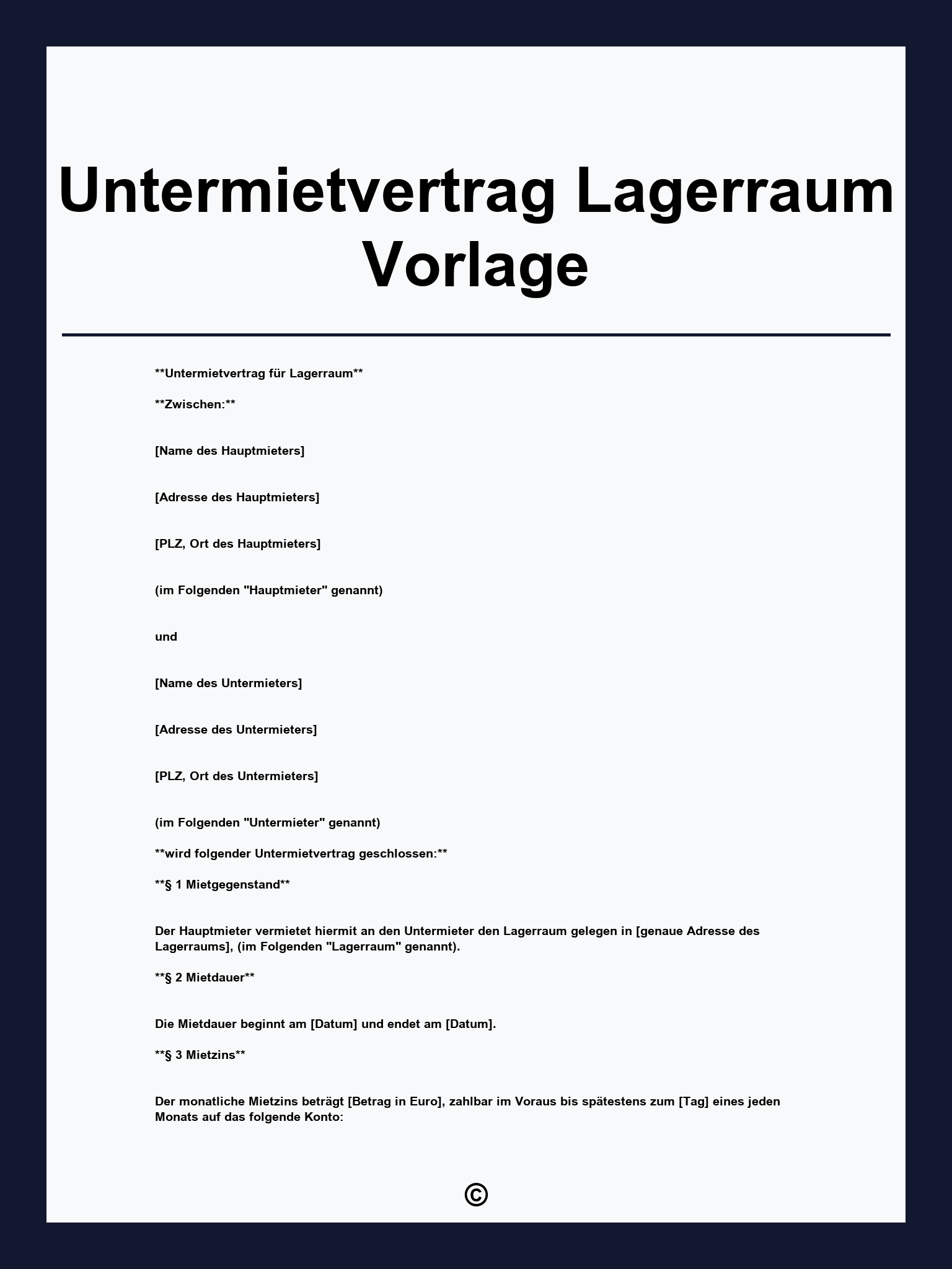 Untermietvertrag Lagerraum Vorlage