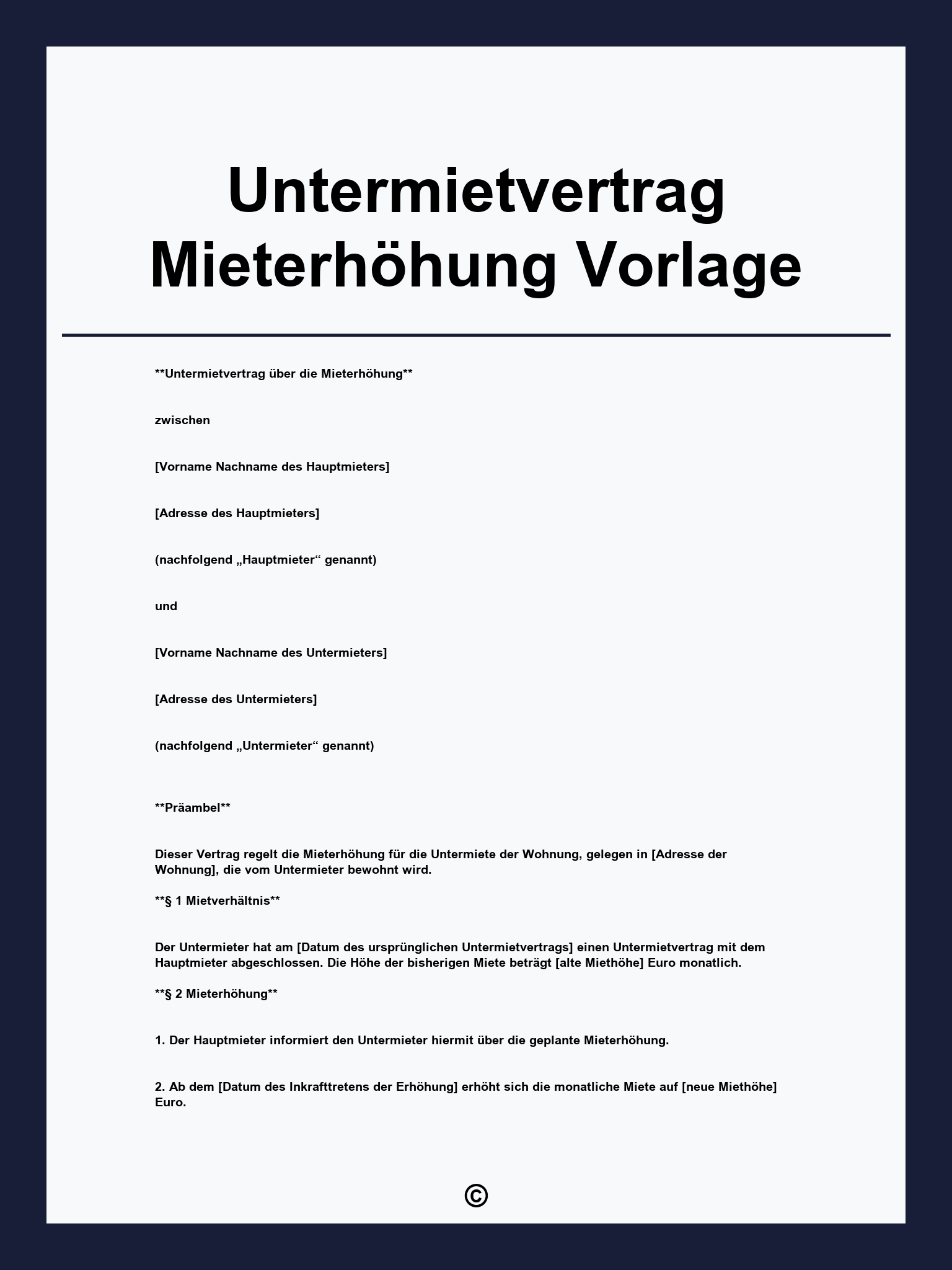 Untermietvertrag Mieterhöhung Vorlage