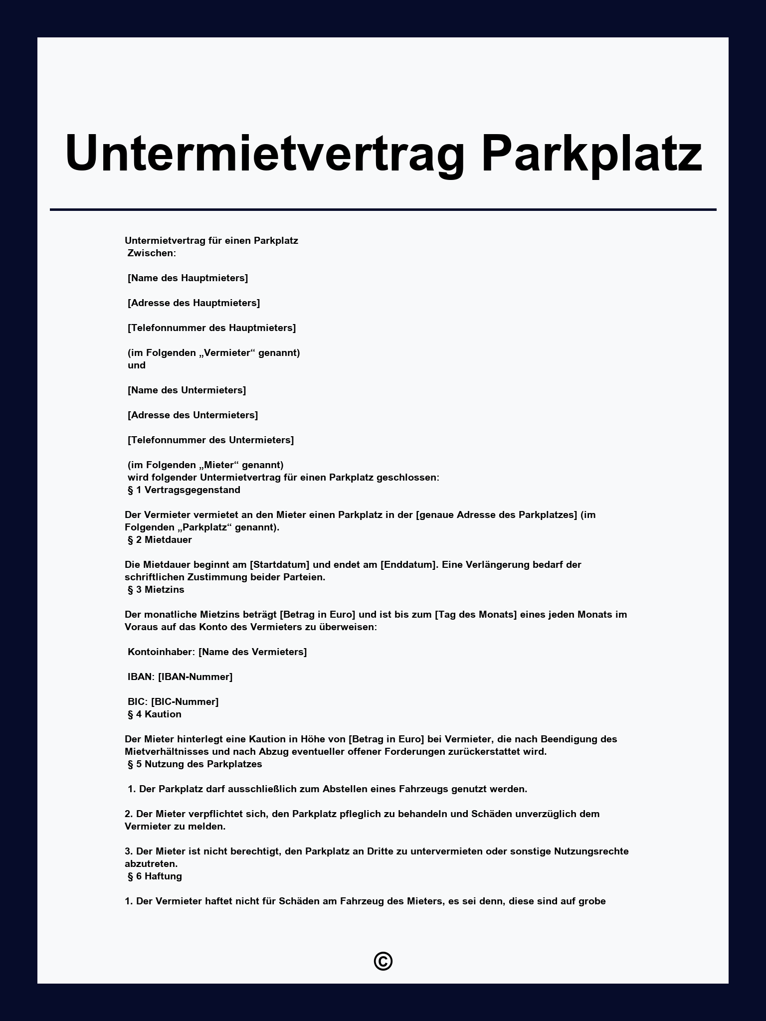 Untermietvertrag Parkplatz
