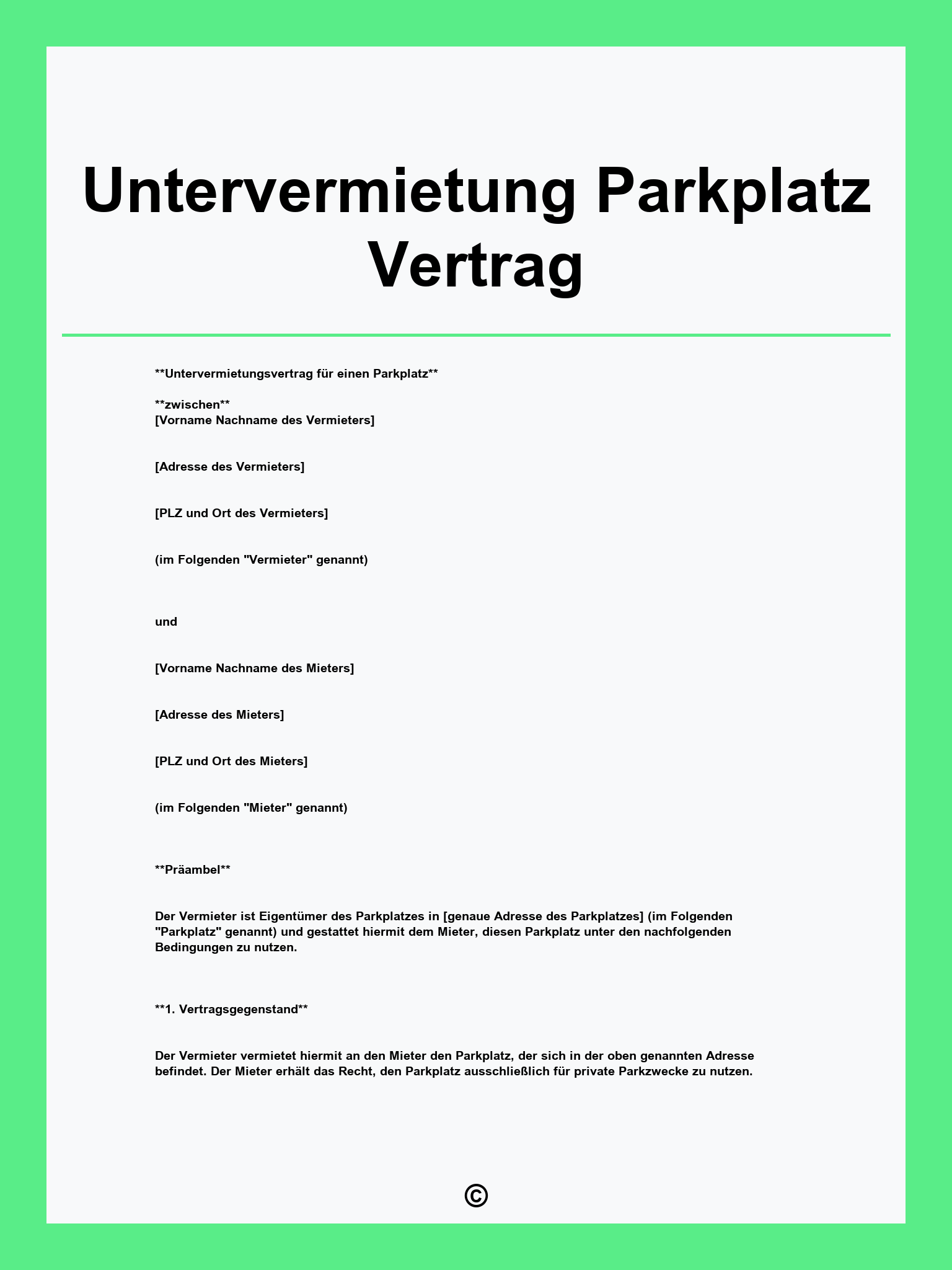Untervermietung Parkplatz Vertrag