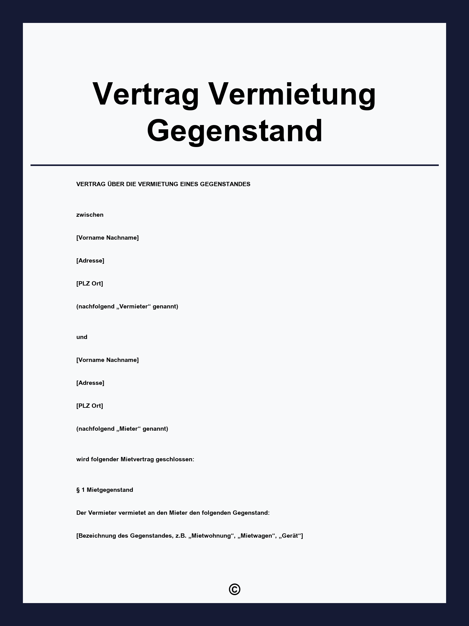 Vertrag Vermietung Gegenstand