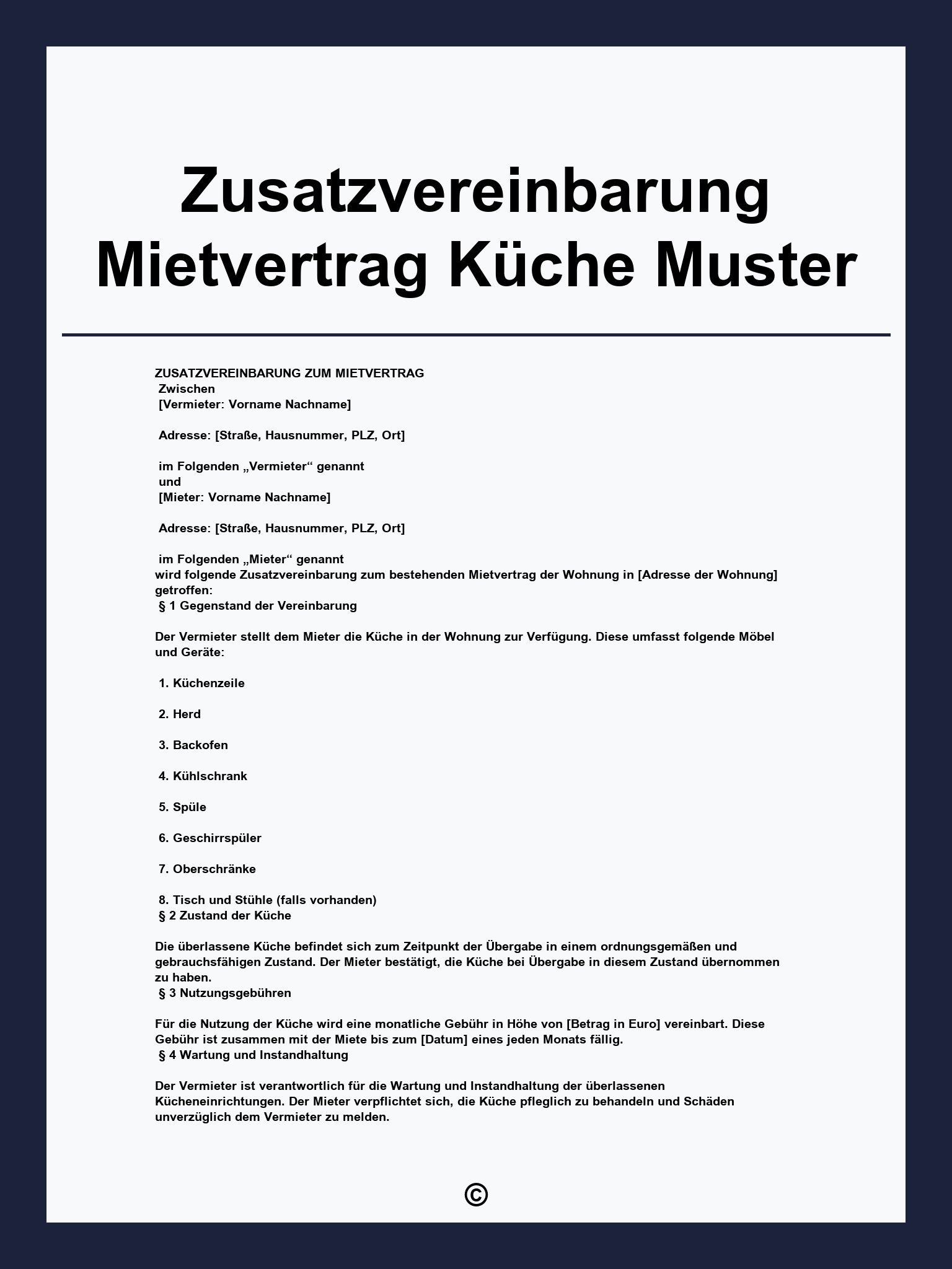 Zusatzvereinbarung Mietvertrag Küche Muster